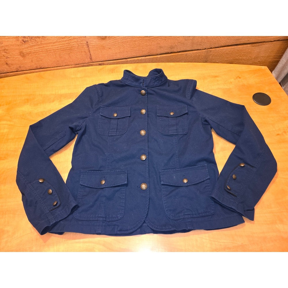 Banana Republic Navy Blue Military Jacket Crest Button Mock Neck Twill Size 14